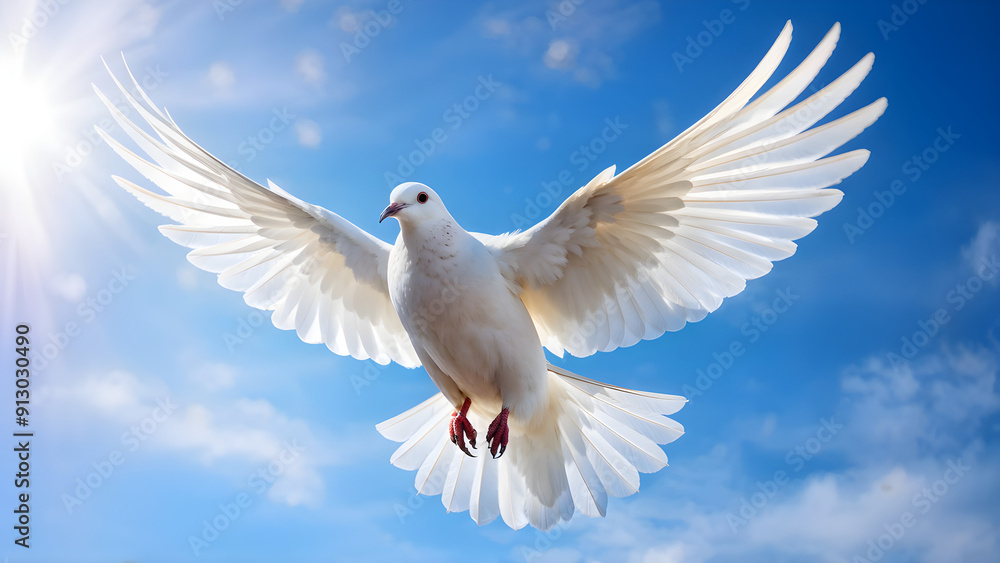 Fototapeta premium white dove wings spread perched on an aged gnarled olive branch against a clear blue sky feather