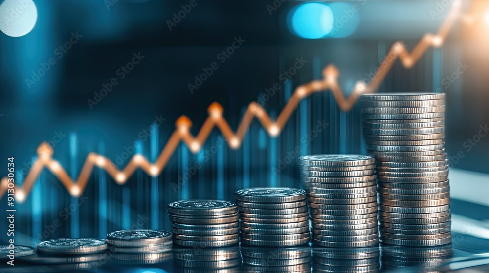 Stack of coins with a rising financial graphic overlay, symbolizing growth and prosperity. Stack of coins with a rising financial graphic overlay, symbolizing growth and prosperity.