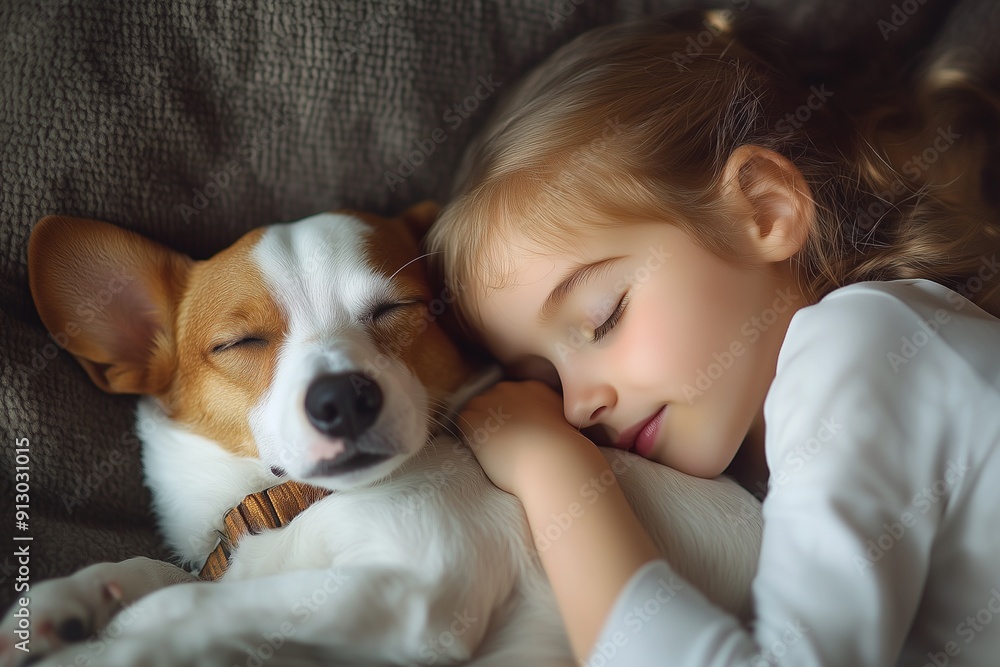 Sweet curly girl and dog sleeping at night Sweet curly girl and dog sleeping at night