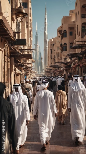 Group of Men Walking Down Street Next to Tall Buildings