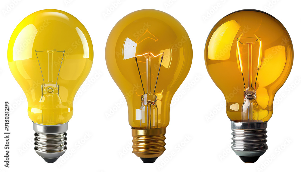 Close-up of Three Yellow and Orange Light Bulbs with Reflective Surfaces and Visible Filaments. Close-up of Three Yellow and Orange Light Bulbs with Reflective Surfaces and Visible Filaments.