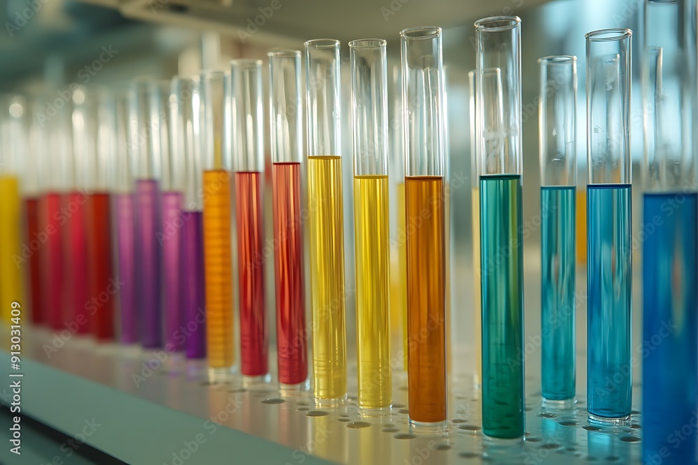 Detailed close-up image of test tubes containing various colored liquids in a laboratory, showcasing scientific research and experimentation Detailed close-up image of test tubes containing various colored liquids in a laboratory, showcasing scientific research and experimentation