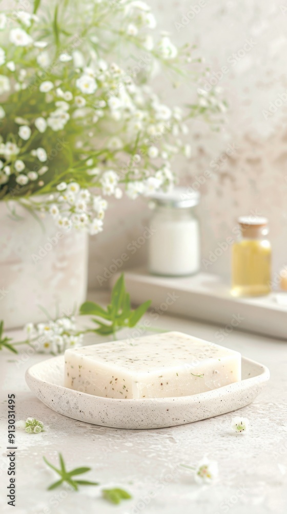 Handmade Natural Soap with Herbs on Rustic Bathroom Counter Handmade Natural Soap with Herbs on Rustic Bathroom Counter