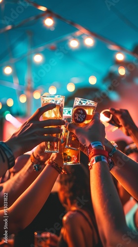 Group of friends holding up glasses of beer. Vertical poster photo