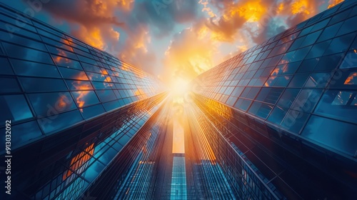 Spectacular Sunset Framed by Glass Skyscrapers Reflecting Vibrant Sky Colors in an Urban Canyon.