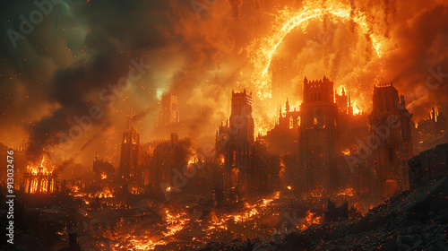 Medieval city is burning under an apocalyptic sky with a massive fire engulfing the buildings