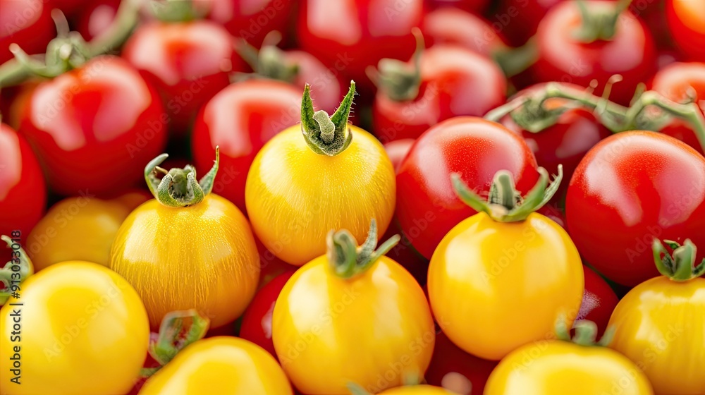 Vibrant background of organic red and yellow tomatoes, showcasing their fresh and natural appeal. Vibrant background of organic red and yellow tomatoes, showcasing their fresh and natural appeal.