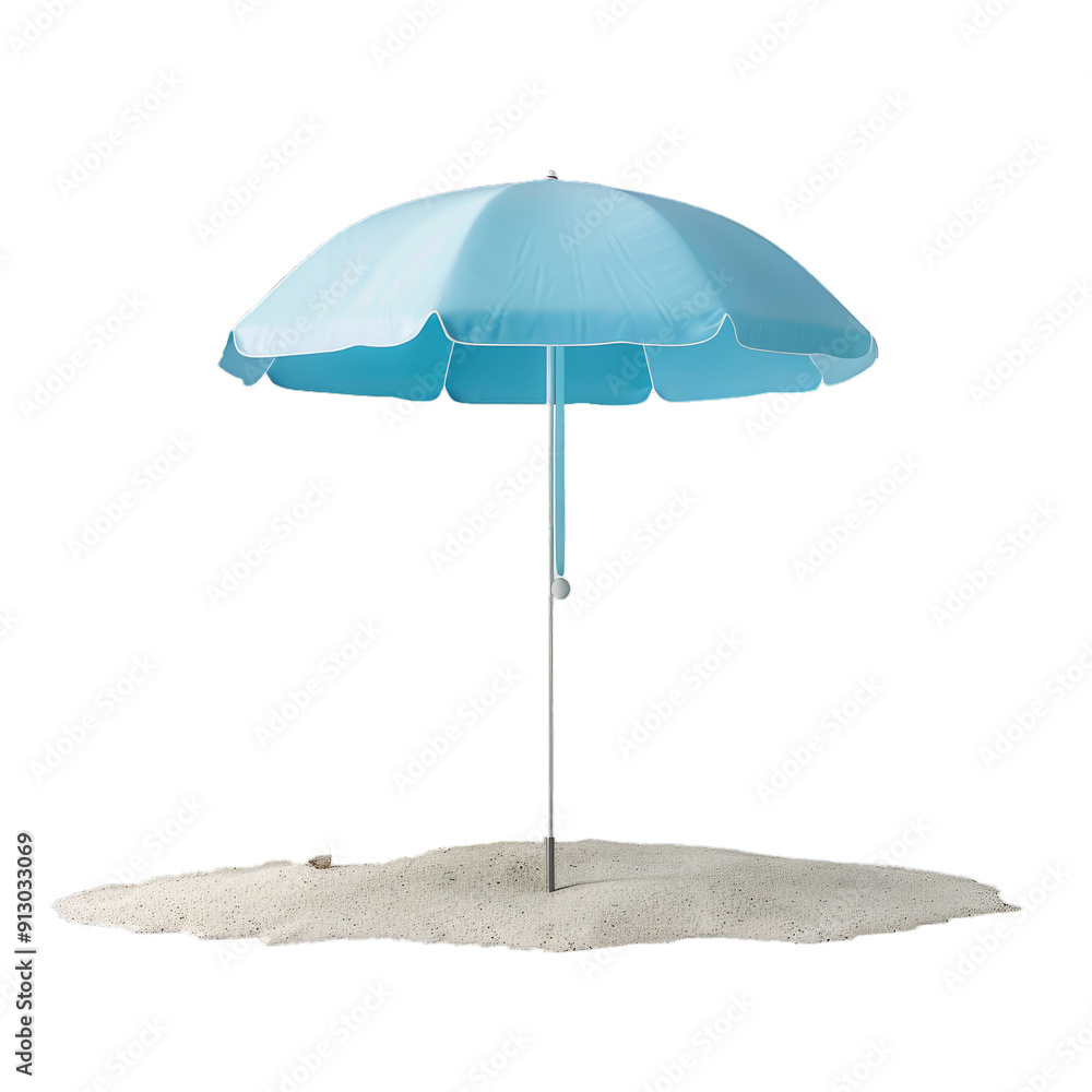 Blue beach umbrella is standing on white sand in front of a white background Blue beach umbrella is standing on white sand in front of a white background