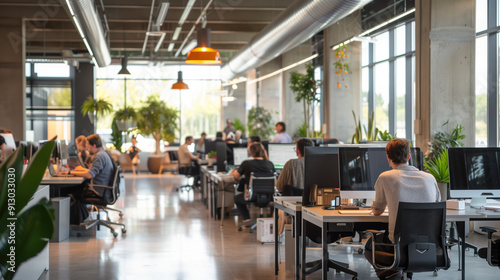 Fototapeta Naklejka Na Ścianę i Meble -  A large open office space with many people working at their desks