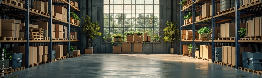 Large warehouse with lots of boxes and plants, storage with moving boxes, Banner, Copy space Large warehouse with lots of boxes and plants, storage with moving boxes, Banner, Copy space