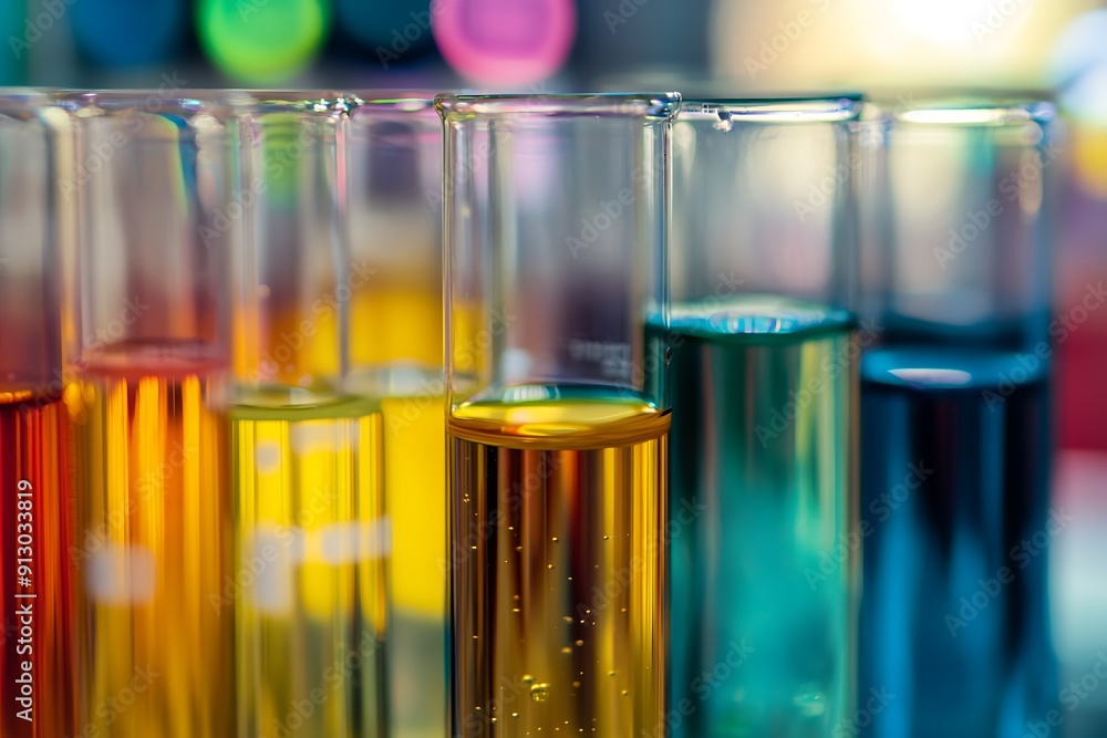 Detailed close-up image of test tubes containing various colored liquids in a laboratory, showcasing scientific research and experimentation Detailed close-up image of test tubes containing various colored liquids in a laboratory, showcasing scientific research and experimentation