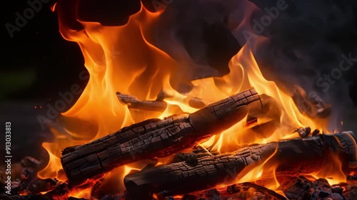 Mesmerizing animation of a crackling fire. The flame cast a warm glow. photo