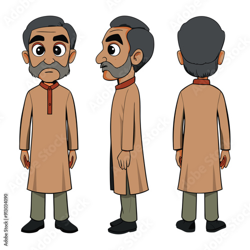 Asian Indian Pakistan Arab 2D Old Man Character Front View, Side, Back View Wear Shalwar Kameez 