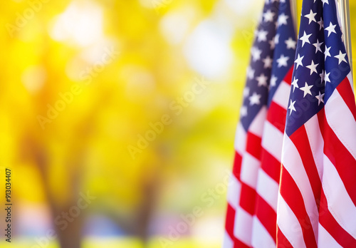 A row of American flags with five stars and red-white stripes against blurred greenery background. Generative AI.