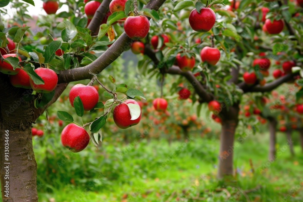 Fruit Trees. Apple Orchard with Red Apples in Garden Landscape Fruit Trees. Apple Orchard with Red Apples in Garden Landscape