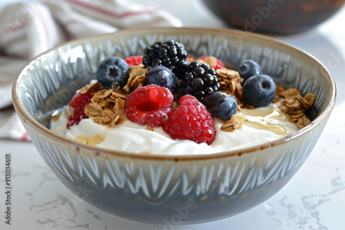 Greek Yogurt Bowl with Granola, Fresh Berries, and Honey on Light-Colored Kitchen Counter