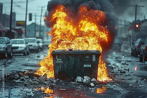 Urban street engulfed in flames from a dumpster fire disaster.