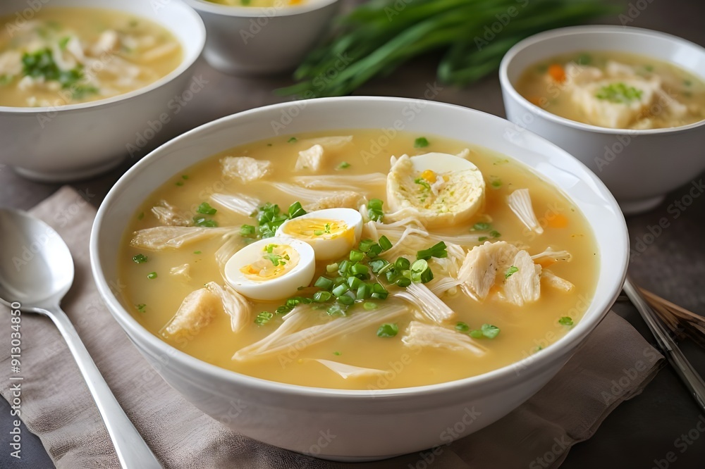 Warm and Inviting Egg Drop Soup with Silky Egg Ribbons and Garnished with Green Onions Warm and Inviting Egg Drop Soup with Silky Egg Ribbons and Garnished with Green Onions