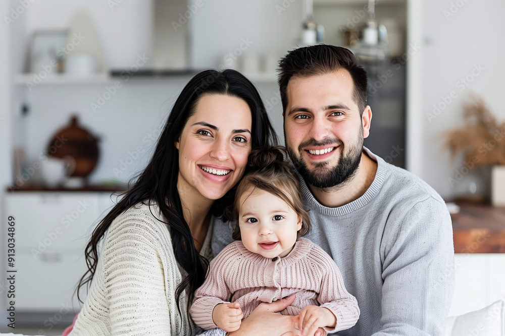A young mother and father sitting cuddling their baby in the living room of their home A young mother and father sitting cuddling their baby in the living room of their home