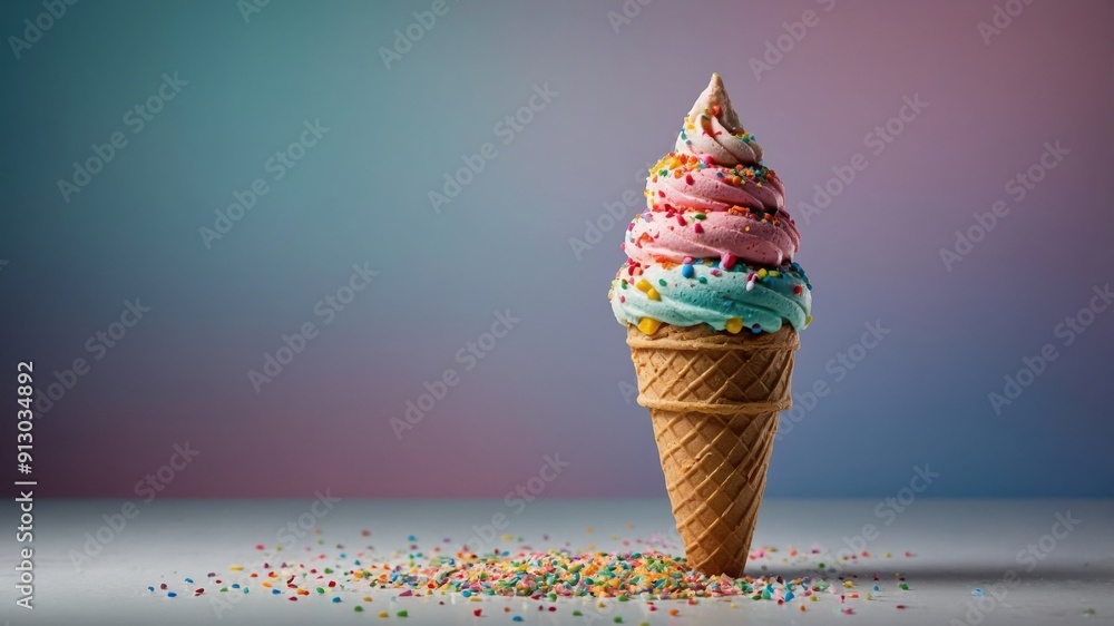 Close-up of a colorful soft serve ice cream cone with sprinkles, set against a gradient background.
Close-up of a colorful soft serve ice cream cone with sprinkles, set against a gradient background.