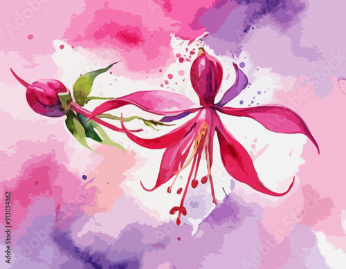 Watercolor Painting of Pink and Purple Fuchsia Flower