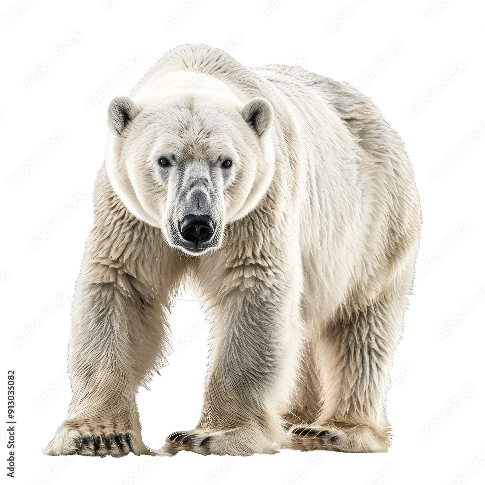 Large polar bear is walking toward the viewer with a determined expression Large polar bear is walking toward the viewer with a determined expression