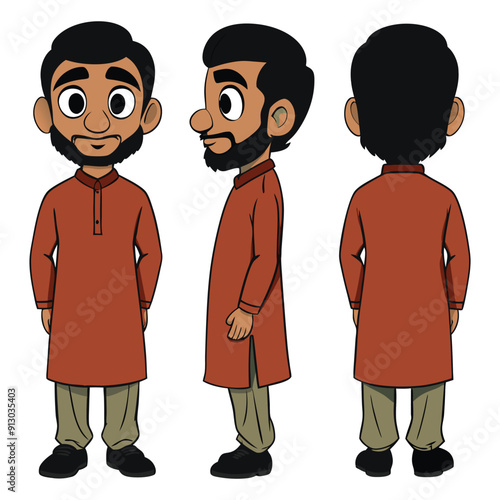 Asian Indian Pakistan Arab 2D aged Man Character Front View, Side, Back View Wear Shalwar Kameez 