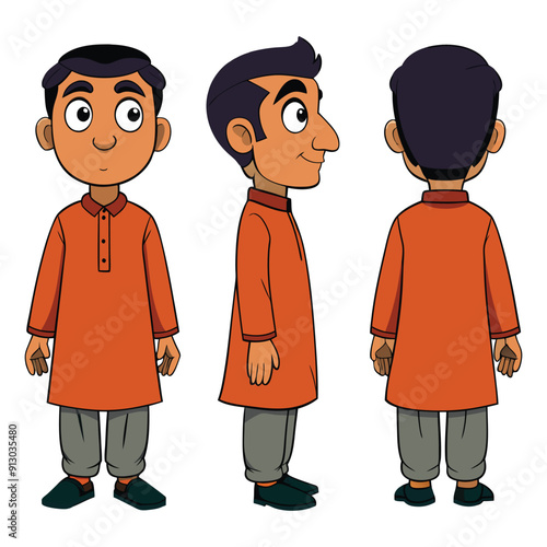 Asian Indian Pakistan Arab 2D smart Man Character Front View, Side, Back View Wear Shalwar Kameez 