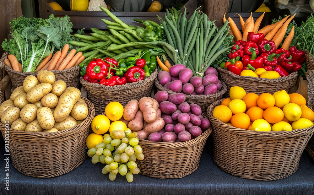 Colorful various kinds of fruits and vegetables in the basket sold in the market. Generative AI. Colorful various kinds of fruits and vegetables in the basket sold in the market. Generative AI.