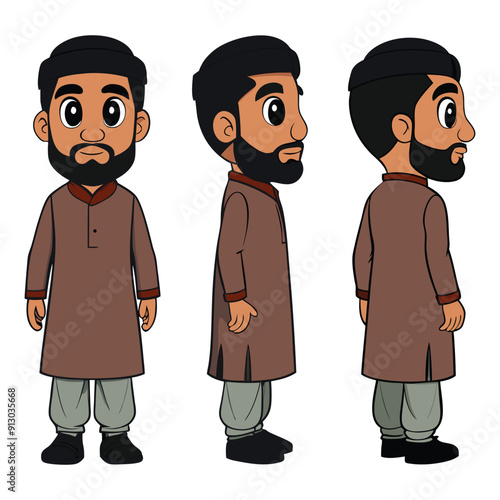 Asian Indian Pakistan Arab 2D Beard Man Character Front View, Side, Back View Wear Shalwar Kameez 