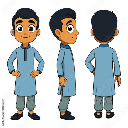 Asian Indian Pakistan Arab 2D Man Character Front View, Side, Back View Wear Shalwar Kameez 