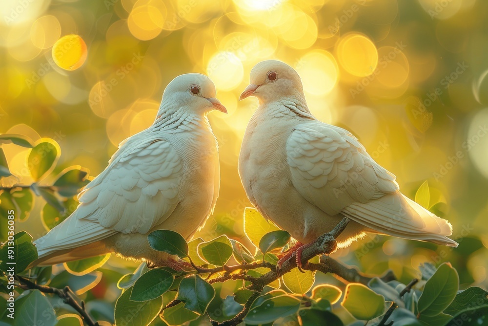 Two White Doves Perched on a Branch in Golden Sunlight. Two White Doves Perched on a Branch in Golden Sunlight.