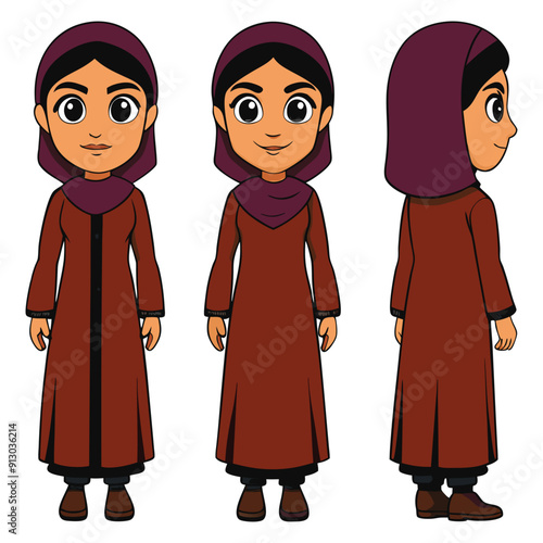 Asian Arab Pakistan India Iran 2D Women Character Front View, Side View Hijab 2D Character Wear Shalwar Kameez 