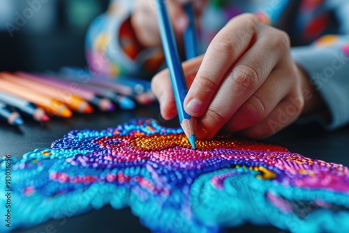 A child is captured in the act of drawing with colored pencils on paper, creating a vibrant and imaginative artwork filled with intricate details and lively colors. photo