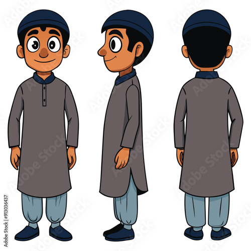 Asian Indian Pakistan Arab 2D Man Character Front View, Side, Back View Wear Shalwar Kameez 
