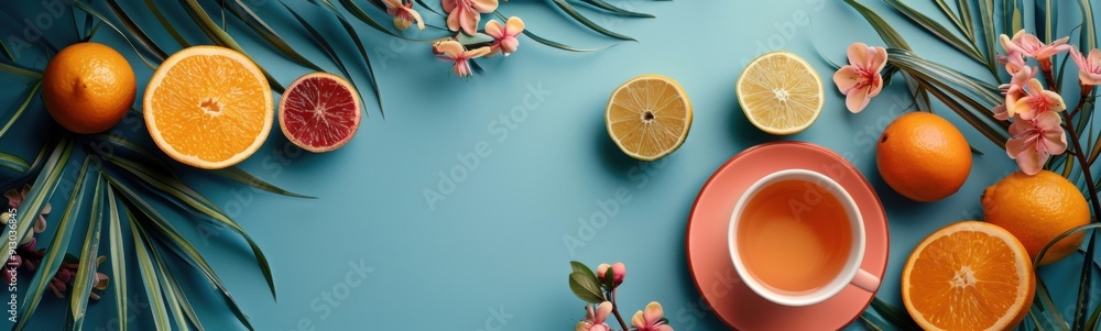 Cup of tea surrounded by oranges and other fruits, Banner, Copy space Cup of tea surrounded by oranges and other fruits, Banner, Copy space