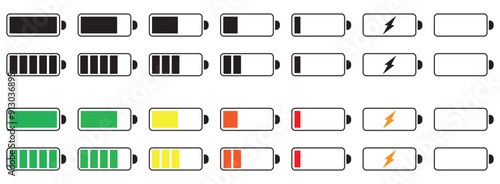 Battery icon set. Battery charging, indicators points icon collection. Vector