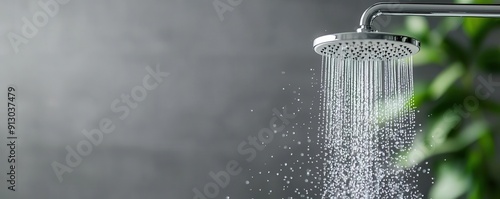 Shower head spraying water against a gray background, capturing cleanliness and freshness. photo