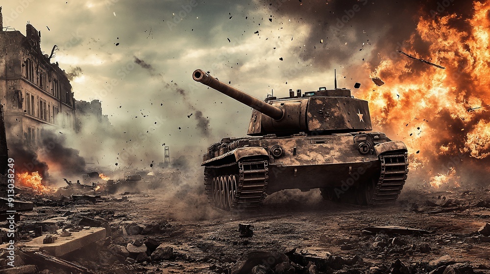 Exploded Tank on the Battlefield During Combat Exploded Tank on the Battlefield During Combat