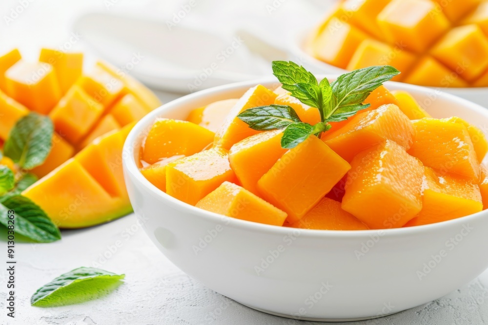 Fresh Mango Cubes in a White Bowl with Mint Garnish on a Light Surface Fresh Mango Cubes in a White Bowl with Mint Garnish on a Light Surface