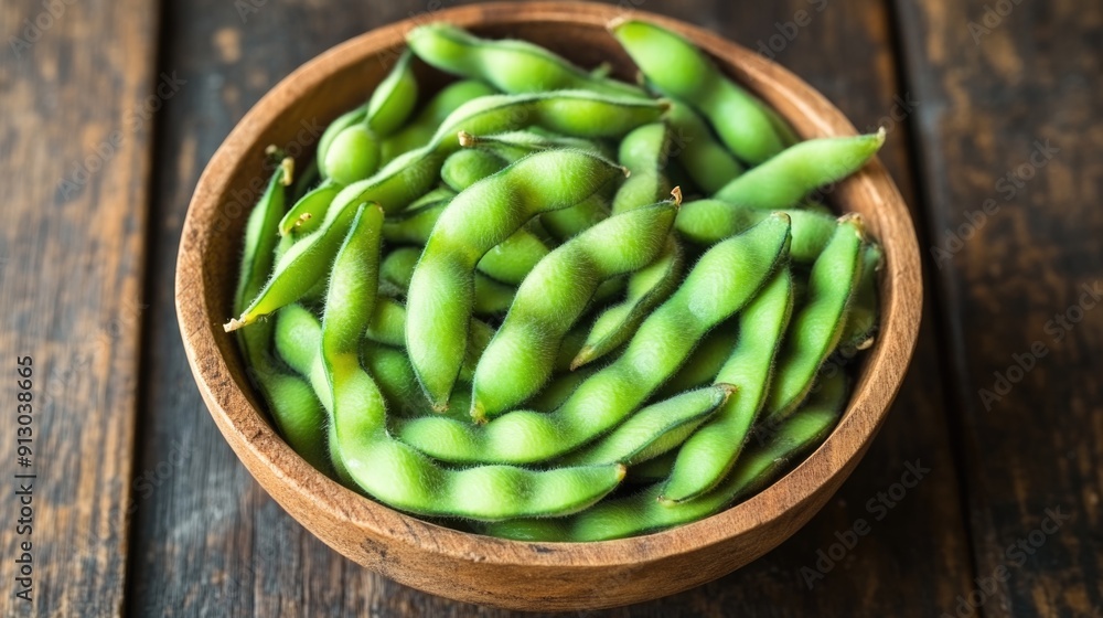 Freshly arranged green edamame soybeans in a rustic bowl on a wooden table Freshly arranged green edamame soybeans in a rustic bowl on a wooden table