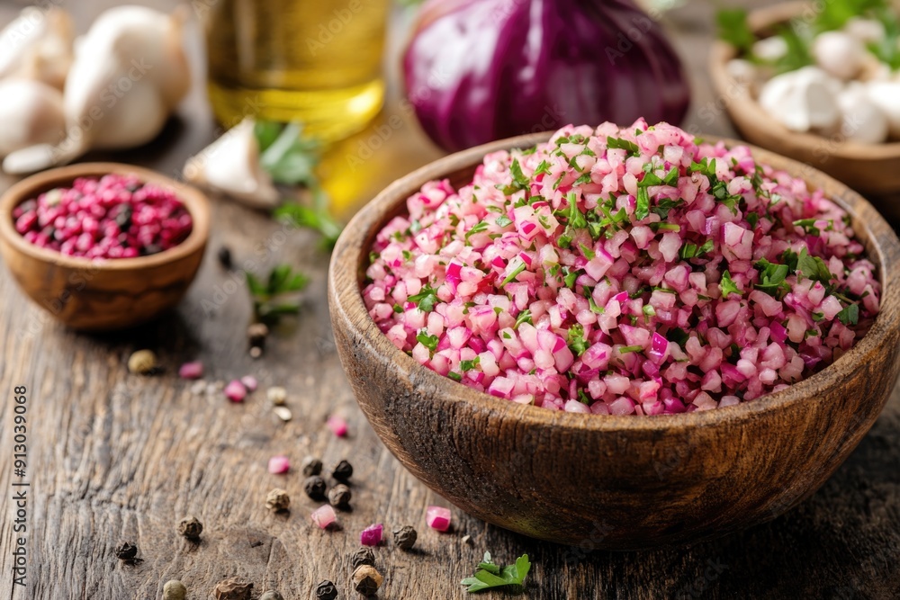 A vibrant salad of shredded red cabbage, parsley, and garlic garnishing a wooden bowl A vibrant salad of shredded red cabbage, parsley, and garlic garnishing a wooden bowl