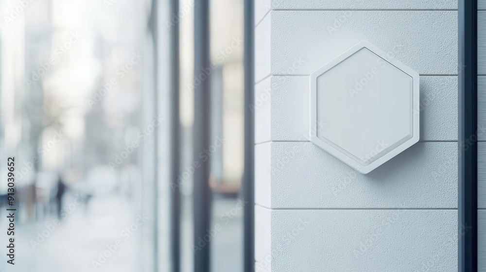 Blank hexagon sign on a white wall with city background., signboard for logo presentation of a shop Blank hexagon sign on a white wall with city background., signboard for logo presentation of a shop