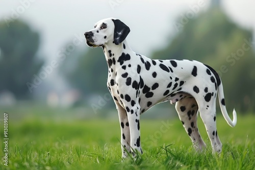 Beautiful full-length Dalmatian dog stands on a beautiful green lawn.