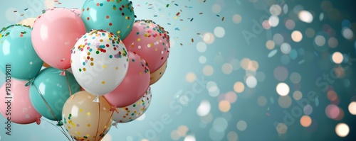 Birthday party balloons with sparkling confetti, festive ambiance, colorful and cheerful, blurred lights backdrop, Realism, High contrast