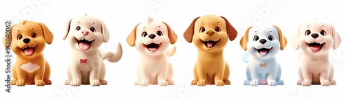 Six Smiling Cartoon Dogs, 3D Render, Isolated White Background, Cute Puppy, Doggo , 3D, Cartoon