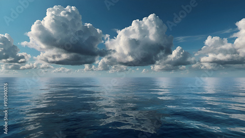 Vast ocean under bright blue sky with fluffy clouds at midday