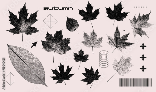 Forest leaves set with retro photocopy stipple effect for grunge punk y2k collage design. Autumn nature season. Vintage halftone element brutalist design. Vector realistic illustration.