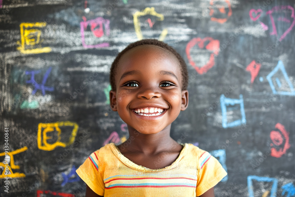A cheerful child stands proudly at the blackboard, flashing a big smile A cheerful child stands proudly at the blackboard, flashing a big smile