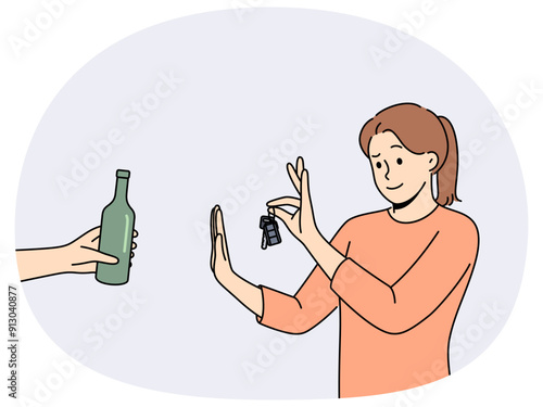 Woman driver refuses alcohol and holds car keys standing near human hand with bottle of beer. Concept of sobriety and awareness of driver who does not want to drive after drinking alcohol
